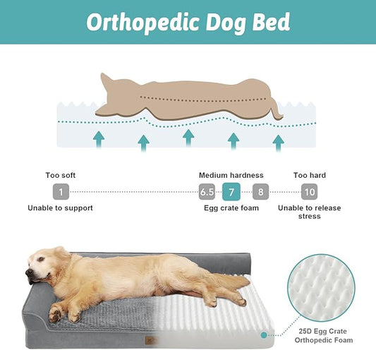 Orthopedic Dog Bed for Extra Large Dog, Giant Pet Sofa, Big Foam Bolster Couch with Waterproof Lining Cover, Anti-Slip, Washable, L-Shaped, XXL 48x35x8 inch, Grey