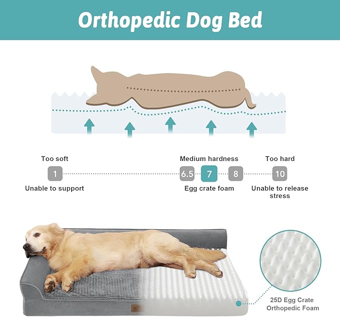 Orthopedic Dog Bed for Medium Small Size Dog, Faux Fur Pet Sofa, Foam Bolster Couch with Waterproof Lining Cover, Anti-Slip, Washable, L-Shaped, M 30x20x6.5 inch, Grey
