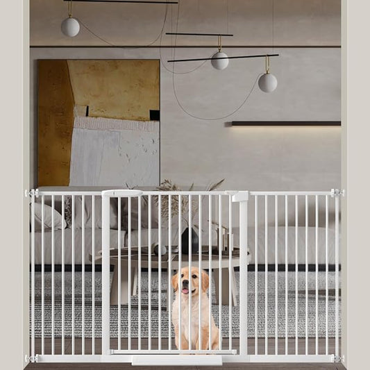 WAOWAO 1.37" Ultra Narrow Spacing Extra Wide Baby Gate 57.67-61.61" Pressure Mounted Walk Through Double Lock Swing Auto Close Safety White Metal Toddler Child Dog Pet for Indoor,Doorway,Kitchen