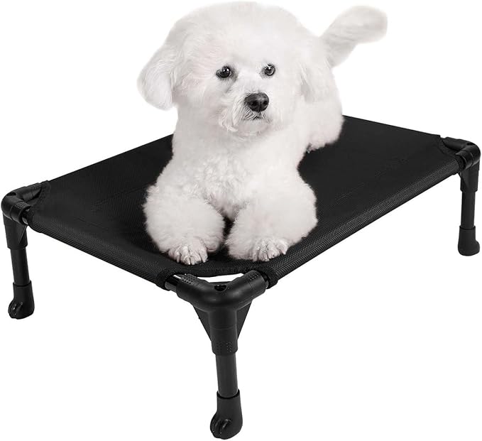Veehoo Outdoor Elevated Dog Bed for Small Dogs, Cooling Raised Dog Cots Beds Training Platform Off Ground Hammock with Breathable Mesh, No-Slip Feet, 22"x17", Black