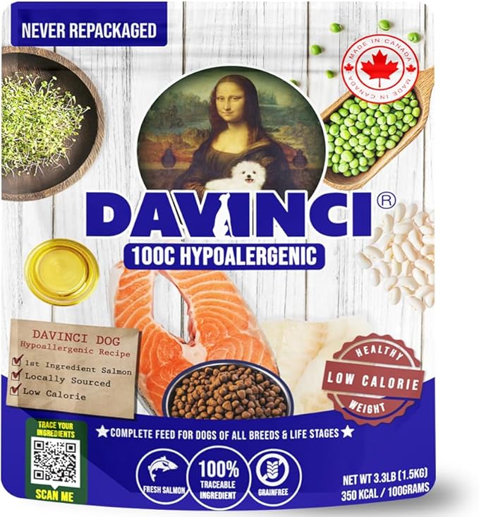 Davinci Dog Hypoallergenic Salmon 3.3lb – for Small Breeds, Novel Fish Protein, NO Chicken, Sensitive Stomach, Grain-Free, Dry Dog Food