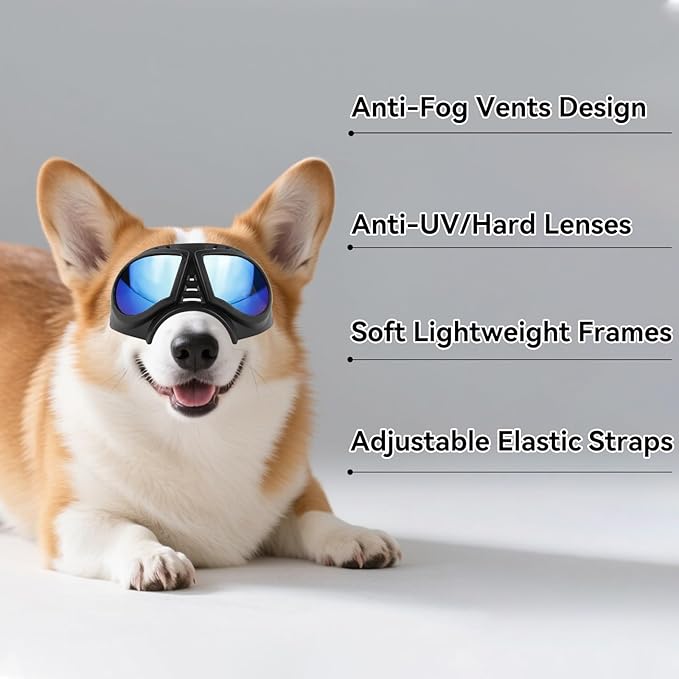 PETLESO Dog Goggles for Small to Medium Breeds, Small Dog Sunglasses UV Protection Windproof Snowproof, Outdoor Driving/Riding/Hiking Pet Eyes Protection, Soft Frame Adjustable Straps, Blue Lens