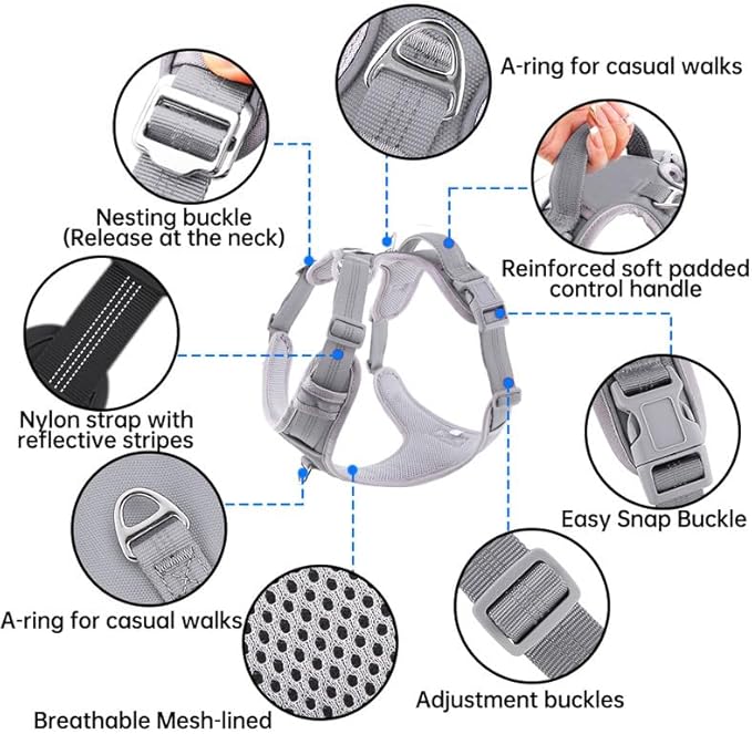 Adjustable Dog Harness - No Pull, Reflective, Soft Padded for Small, Medium, Large Dogs - Includes Leash and Collar Light Silver M