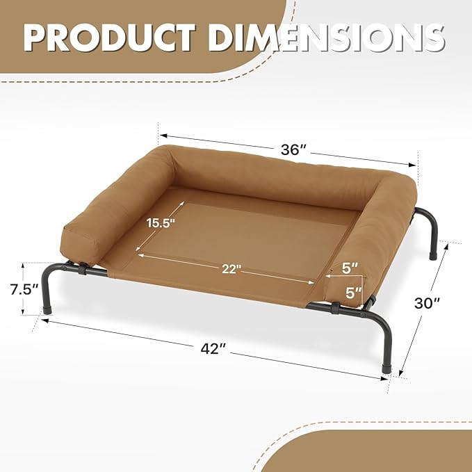 Athena Collection Outdoor Elevated Dog Bed with Removable Bolsters, 42 Inches Raised Dog Cot Washable with Metal Frame Non-Slip Feet for Medium Size Dog, Brown