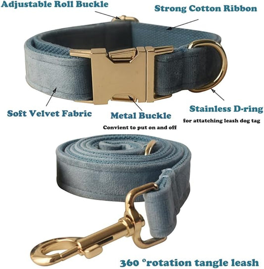 Love Dream Velvet Dog Collar and Leash Set, Soft & Comfy Adjustable Dog Leash and Collar with Heavy Duty Metal Buckle for Small Medium Large Dogs Training & Walking (XLarge, Pearl Blue)