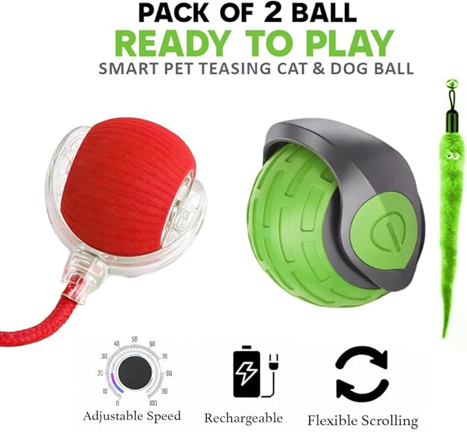 KBLZONE Interactive Cat Ball Toy – Smart Rolling Pet Ball with Obstacle Avoidance, USB Rechargeable, Cord Tail Design – Fun Enrichment Toy for Indoor Cats & Small Dogs (Green + Red)