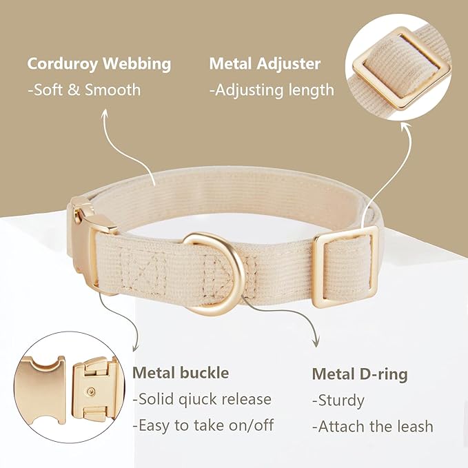 Soft Corduroy Dog Collar and Leash Set Adjustable Durable Wedding Dog Collars with Metal Buckle and Lead for Large Dogs,Beige