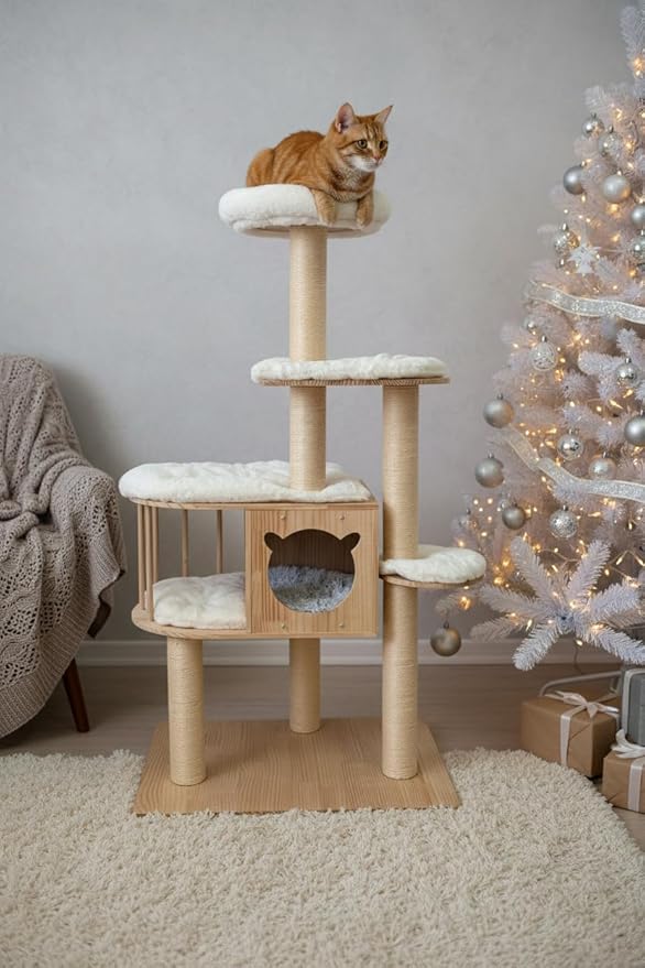 Multi-Level Pine Wood Cat Tree Tower for Indoor Large Cats – Solid Cat Condo House with Plush Beds - Sisal Scratching Posts – Sturdy Cat Furniture, 55", White