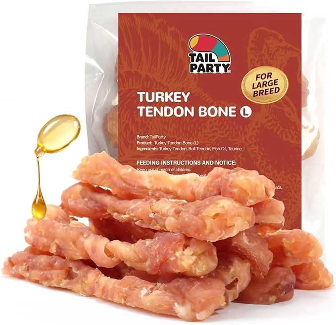 TailParty Turkey Tendons for Dogs with Fish Oil & Taurine: 1 lb Large Dog Healthy Treats, All Natural Dental Chew Bones, Long-Lasting Training-Reward Snacks for Health-Conscious Pet Owners(L)