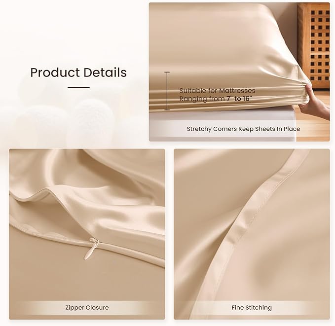 THXSILK Silk Sheet Set 4Pcs, 6A+ Top Grade 100% Pure Mulberry Silk Bed Sheets Ultra Soft Durable Luxury Bedding Sets, 1 Fitted Sheet, 1 Flat Sheet and 2 Pillowcases (Twin-XL, Champagne)