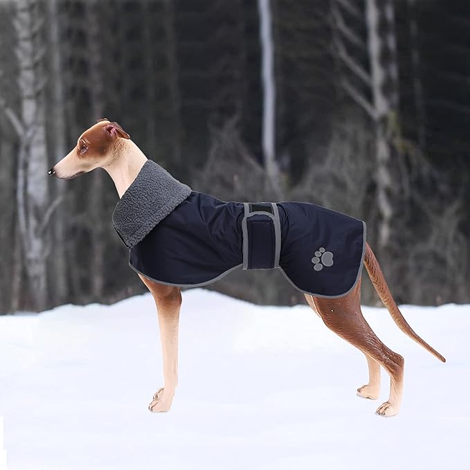 Geyecete Dog Winter Coat Greyhound Raincoat Fabric with Lamb Velvet Inside Outdoor Dog Apparel with Adjustable Bands for Medium, Large Dog-Navy-XL
