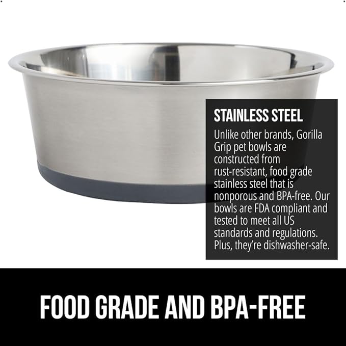GORILLA GRIP Dog Bowl, Holds 6 Cups (48 fl oz), Heavy Duty Metal Food and Water Bowl for Feeding Dogs and Cats, Easy Clean, Dishwasher Safe, Rust Resistant Stainless Steel, BPA Free Rubber Base, Gray