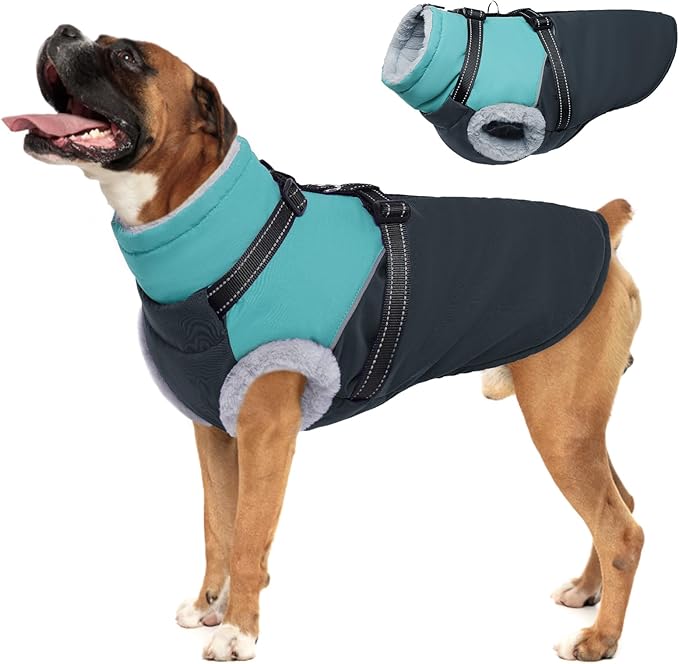 Large Dog Jacket - Built-in Harness, Waterproof, Windproof, Fleece Lined, Perfect for Snow and Winter