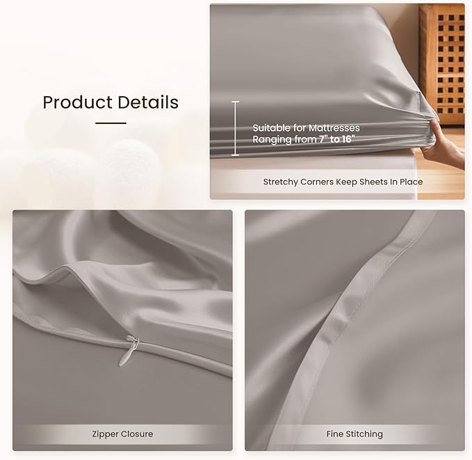 THXSILK Silk Sheet Set 5Pcs, 6A+ Top Grade 100% Pure Mulberry Silk Bed Sheets, Ultra Soft Durable Bedding Sets Safe Material, 2 Fitted Sheet, 1 Flat Sheet and 2 Pillowcases (Split King, Grey)