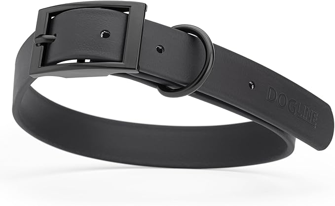 Dogline Biothane Coated Webbing Dog Collar with Black Metal Hardware: Durable Easy-Clean Everyday Collar for Dogs - Comfortable Adjustable Odor-Resistant Pet Collar, W1 x L18-22, Black