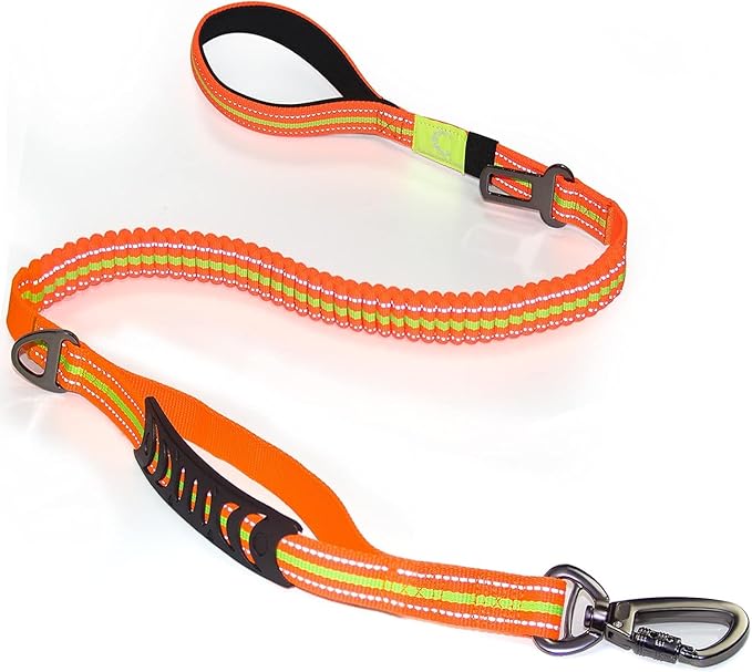 Heavy Duty Dog Leash Especially for Large Dogs Up to 150lbs, Reflective Dog Walking Training Shock Absorbing Bungee Leash with Car Seat Belt Buckle, 2 Padded Traffic Handle for Extra Control