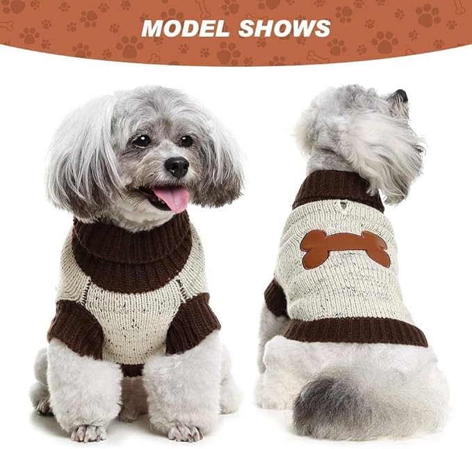BINGPET Turtle Neck Dog Sweater - Brown Bone Pattern - Puppy Winter Warm Cloth for Small Medium Large Dogs