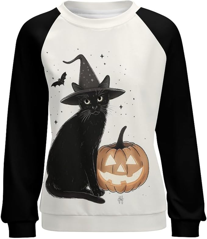 Womens novelty funny cat printed crewneck sweatshirt casual loose long sleeve graphic pullover sweatshirts tops