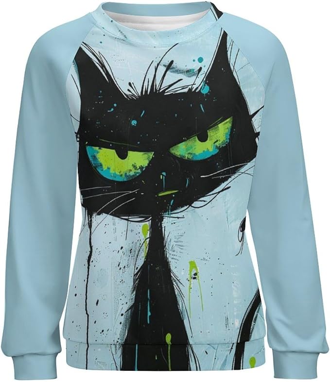 Biacolum Long Sleeve Shirts for Women Mid Century Retro Style Atomic Cat 3D Graphic Sweatshirts Fall Crewneck Pullover Top