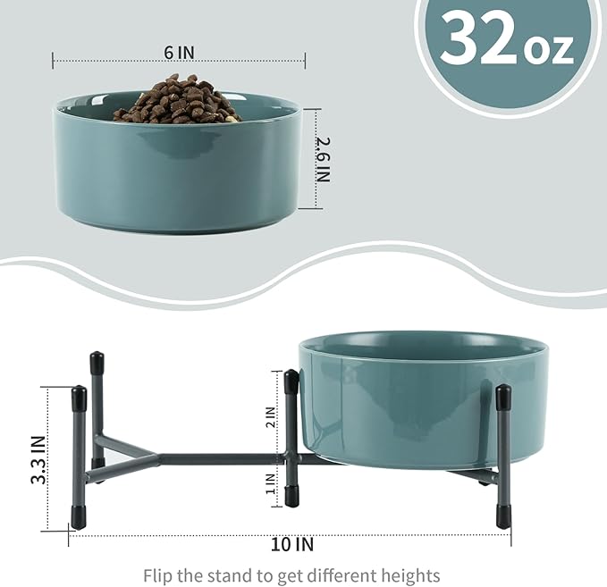 AOMRYOM 32 OZ Dog Bowls with Elevated Metal Stand, 6 Inch Ceramic Cat Bowl Dish for Food and Water, Pet Feeder Bowls for Cats & Dogs - Set of 2, Blue-Grey
