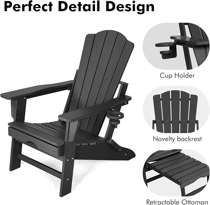 Folding Adirondack Chair with Retractable Ottoman,All Weather Fire Pit Chairs with Cup Holder,Outdoor Chair with Ottoman,Black