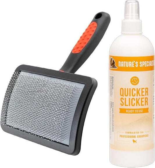 Paw Brothers Grooming Tool and Nature's Specialties Bundle - Soft Coated Pin Curved Brush, Large - Detangling and Conditioning Spray, Ready to Use, 16 oz