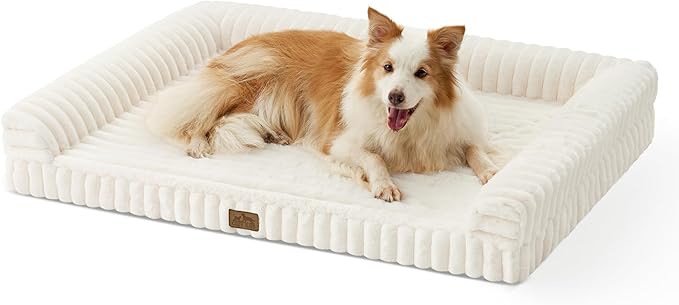 Cute Dog Bed for Large Dogs, Faux Fur Orthopedic Foam Dog Bed with Sides, Removable Washable Cover & Waterproof Lining, Comfortable Pet Couch, Cream (44" L x 32" W x 7" Th)
