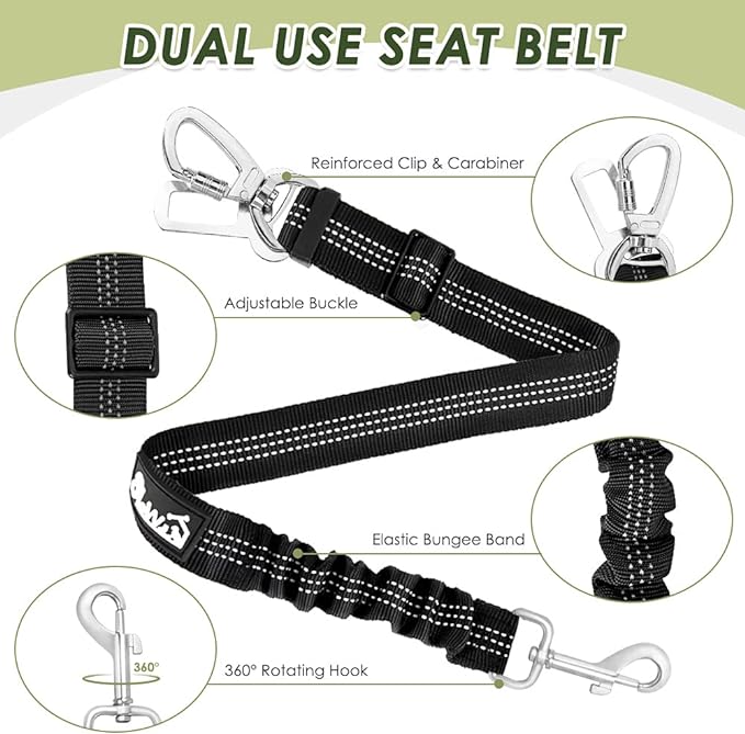 SlowTon Dog Seat Belt Harness for Car, Dog Car Harness Adjustable Mesh Breathable & Dog Seatbelt Safety Tether with Elastic Bungee for Small Medium Large Pets(Black, Double Clip, S)