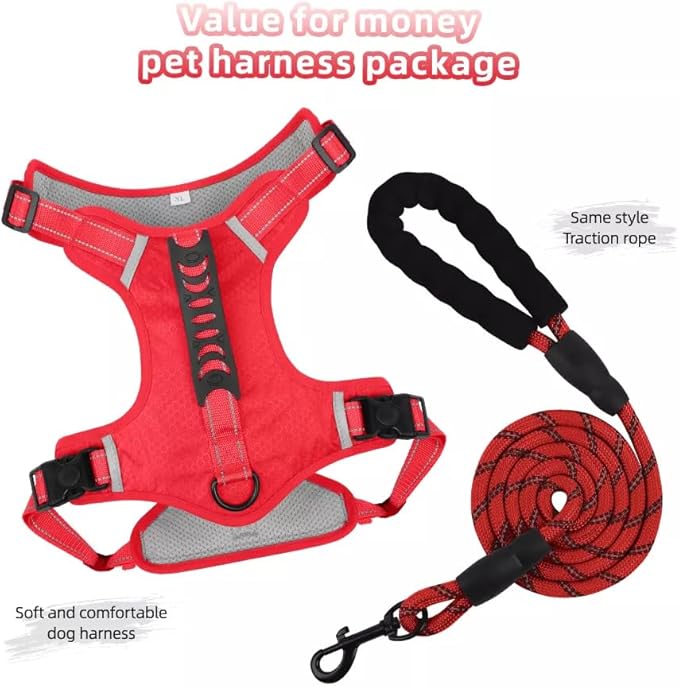 Dog Harness No Pull Adjustable Reflective,for Medium and Large Small Dog with Leash 59.06in (Red, M)