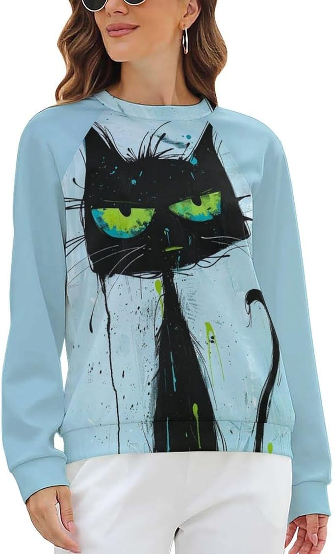 Biacolum Long Sleeve Shirts for Women Mid Century Retro Style Atomic Cat 3D Graphic Sweatshirts Fall Crewneck Pullover Top