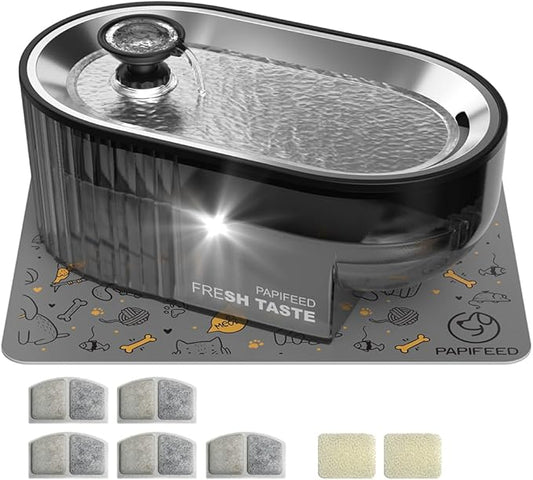 PAPIFEED Cat Water Fountain+ Stainless Steel Tray + 1 Silicone Mat+5 Filters+2 Sponges, 84 oz/2.5L Automatic Pet Drinking Fountain, Ultra Quiet Pet Fountain with Stainless Steel Tray, Easy to Clean