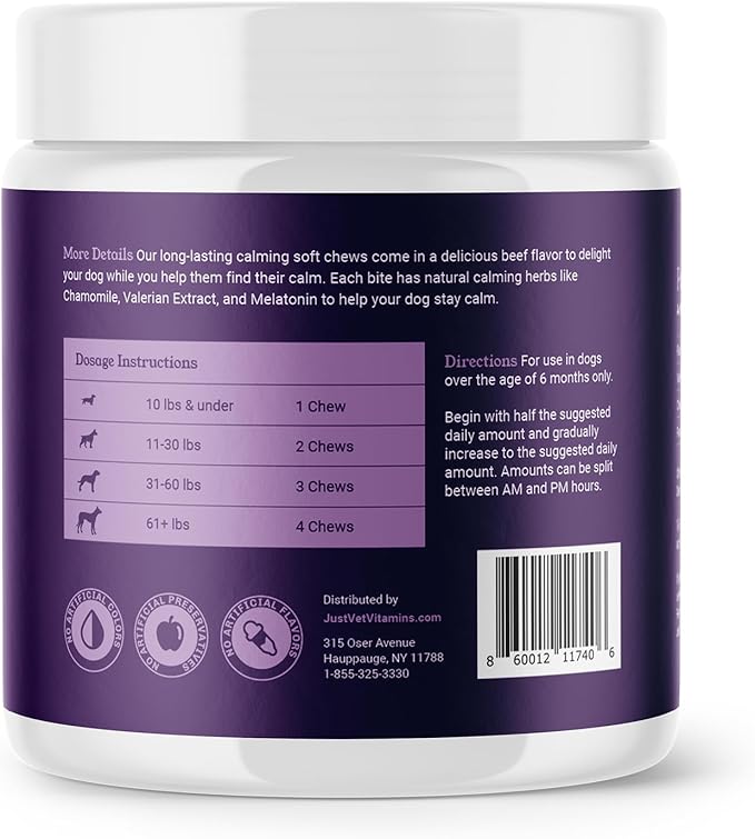 Calm Chews for Dogs with Chamomile, Valerian, Melatonin, Passionflower, Hemp Oil, and Magnesium – Supports Relaxation, Stress Relief, and Restful Sleep – 90 Soft Chews