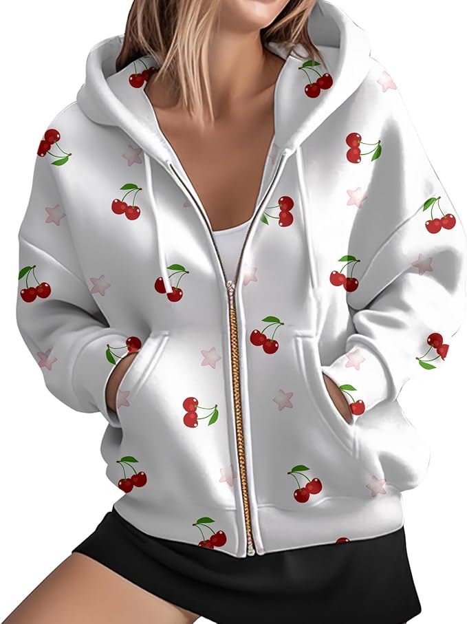 Women's Zip Front Plaid Sweatshirts Print Hoodie Fall Jackets Long Sleeve Casual Drawstring Clothes