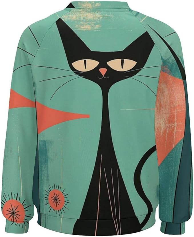 Biacolum Long Sleeve Shirts for Women Mid Century Retro Style Atomic Cat 3D Graphic Sweatshirts Fall Crewneck Pullover Top