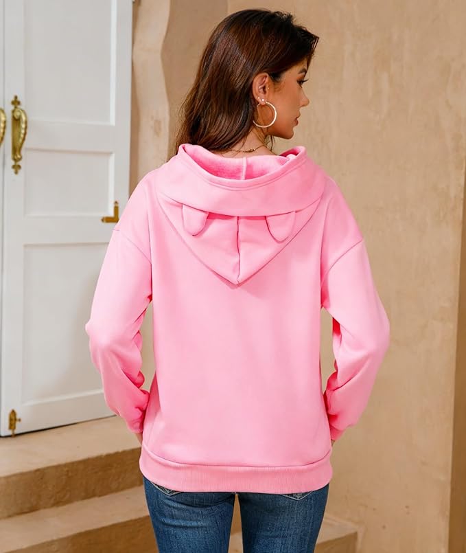 Women Girl Hoodies Cute Cat Ear Novelty Printed Pullover Sweatshirt