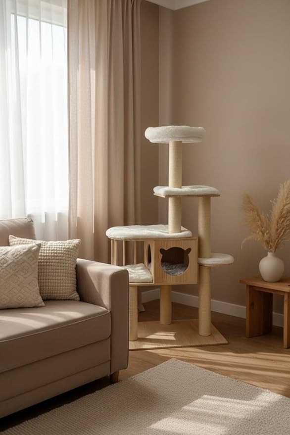 Multi-Level Pine Wood Cat Tree Tower for Indoor Large Cats – Solid Cat Condo House with Plush Beds - Sisal Scratching Posts – Sturdy Cat Furniture, 55", White