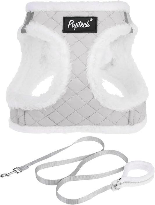 PUPTECK Plush Dog Harness and Leash Set for Small Medium Dogs No Pull Step-in Soft Mesh Puppy Cat Winter Vest Harnesses Reflective at Night Warm, Plush Grey, XS