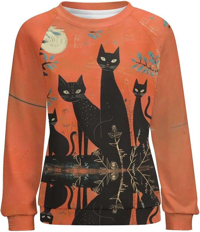 Womens novelty funny cat printed crewneck sweatshirt casual loose long sleeve graphic pullover sweatshirts tops