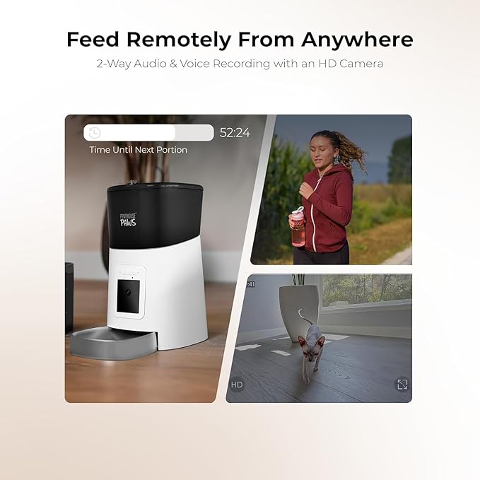 Smart HD Automatic Cat Feeder with 1080P Camera & Night Vision, 2-Way Audio, WiFi App Control, Anti-Jam 6L Cat Feeder with Backup Power, Easy to Clean, Up to 15 Meals for Cat & Dog, White Stainless