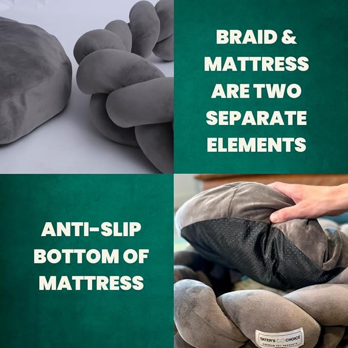 Tater's Choice 32" Dog Bed - Premium Braided Dog Bed - Luxurious and Durable Pet Beds with Plush Polyester Filling, Non-Slip Base, and Stylish Design, Washable Mattress, Charcoal Grey, 32 inch, Medium