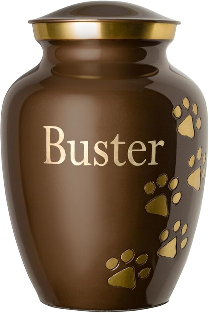 Pet Urn for Dogs and Cats with Personalized Laser Engraving, Ottillie Paws Premier Series Memorial Urns (Medium Harvest Brown with Vertical Brass Paws)
