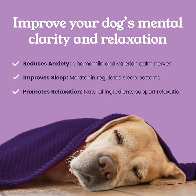 Calm Chews for Dogs with Chamomile, Valerian, Melatonin, Passionflower, Hemp Oil, and Magnesium – Supports Relaxation, Stress Relief, and Restful Sleep – 90 Soft Chews
