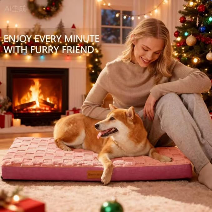 Patas Lague Orthopedic XL Dog Bed Large Sized Dog 48''X30'', Waterproof Soft Comfortable Egg Crate Foam Large Pet Beds Crate Mat with Removable Washable Cover and Nonskid Bottom, Pink