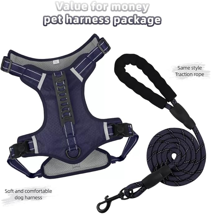 Dog Harness No Pull Adjustable Reflective,for Medium and Large Small Dog with Leash 59.06in (Dark Blue, M)