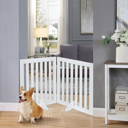 unipaws 24”H Free Standing Pet Gate for Dog Cat, Wooden Dog Gates for Doorway, Stairs, Step Over Foldable Pet Fence for The House, Expandable Doggy Barrier, Indoor Use, White