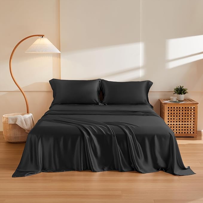 THXSILK Silk Sheet Set 4Pcs, 6A+ Top Grade 100% Natural Mulberry Silk Bed Sheets, Luxury Bedding Sets Ultra Soft Durable Cooling, 1 Fitted Sheet, 1 Flat Sheet and 2 Pillow Shams (Full, Black)