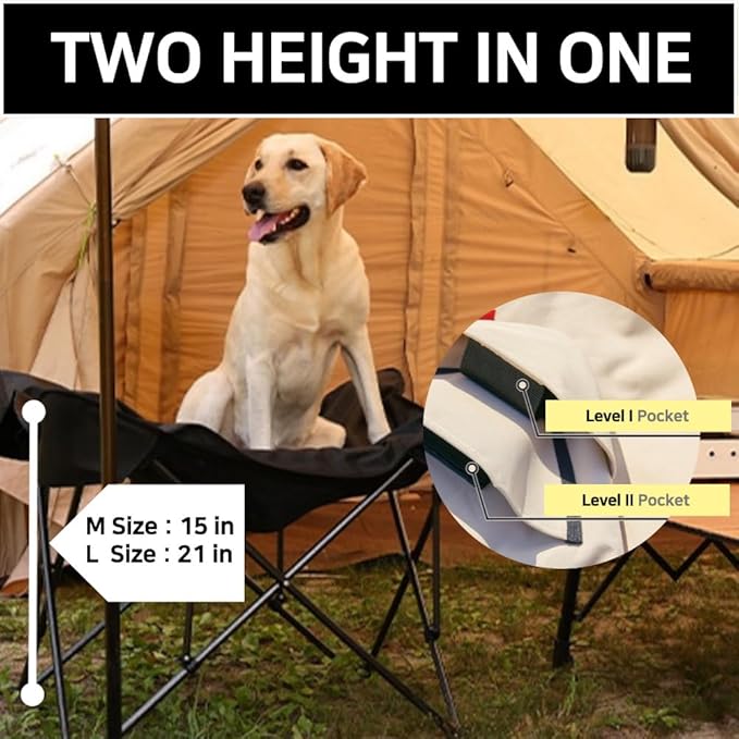 Two Heights in One, Dog Bed Cot for Pet, Waterproof Mesh, Adjustable Height, Indoor/Outdoor (Beige, Medium)