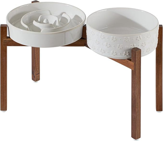 Ceramic Raised Slow Feeder Dog Bowl Set, Elevated 8.2inch Bowl and 9.5inch Dish with Acacia Wood Stand for Large Dog, Stop Bloat(2 x Reactived Glaze -White+ Stand)