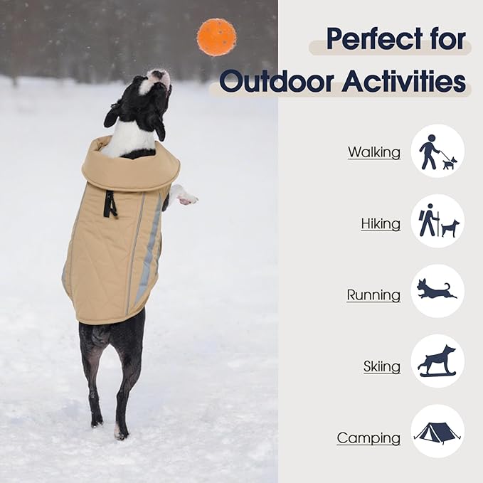 IECOii Dog Fleece Jacket - Reflective Cold Weather Coats Waterproof, Adjustable Large Dogs Winter Coat for Snow Rain Warmth, Outdoor Hunting Snowsuit for German & Shepherd, Khaki, Sizes 2XL