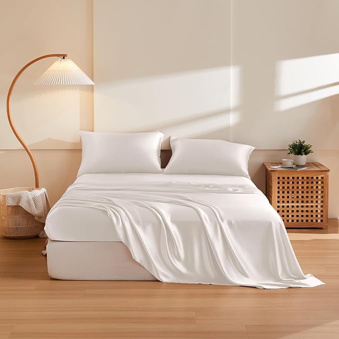 THXSILK Silk Sheet Set 5Pcs, 6A+ Top Grade 100% Pure Mulberry Silk Bed Sheets, Ultra Soft Durable Luxury Bedding Sets, 2 Fitted Sheet, 1 Flat Sheet and 2 Pillowcases (Split King, Pearl White)